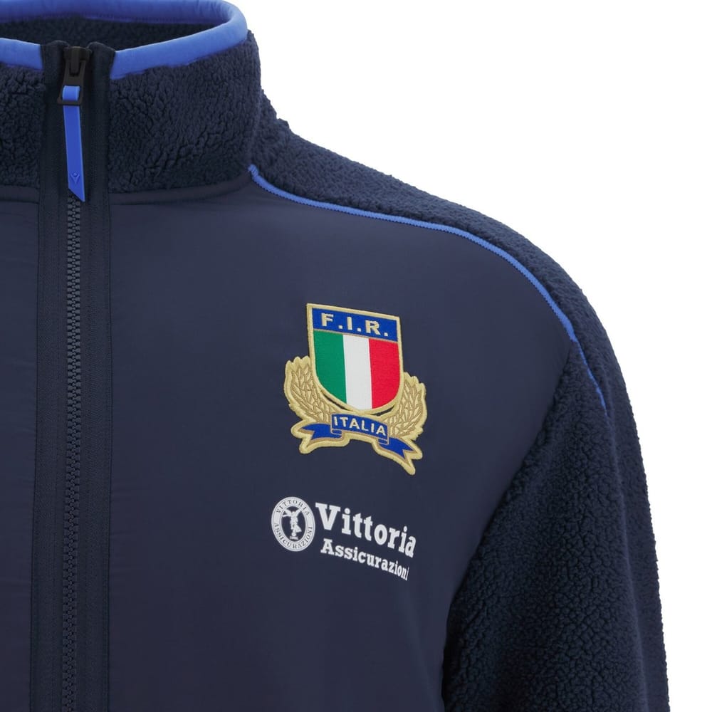 Giacca felpata da rugby FIR Italia in pile teddy blu con logo ricamato.