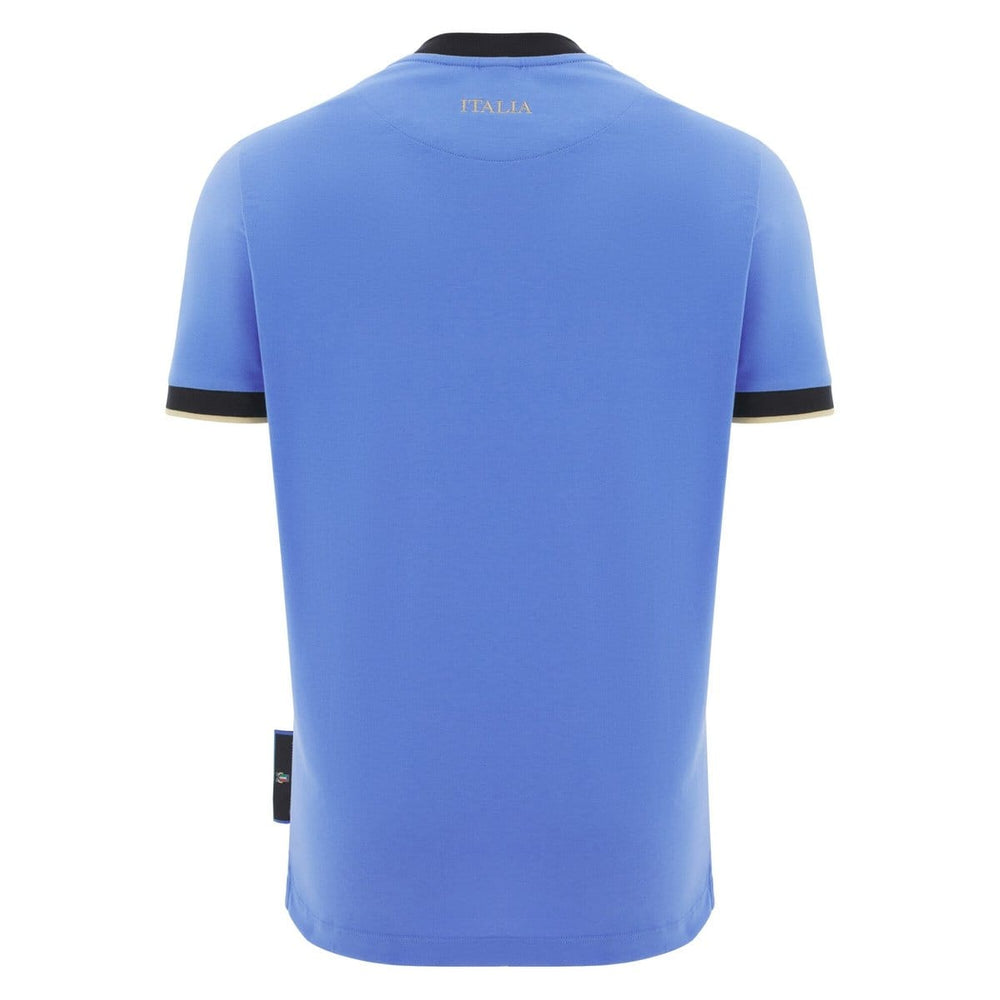 Maglia da rugby Italia 2026 Cotone Avio, retro con scritta ITALIA e dettagli manica neri/oro.