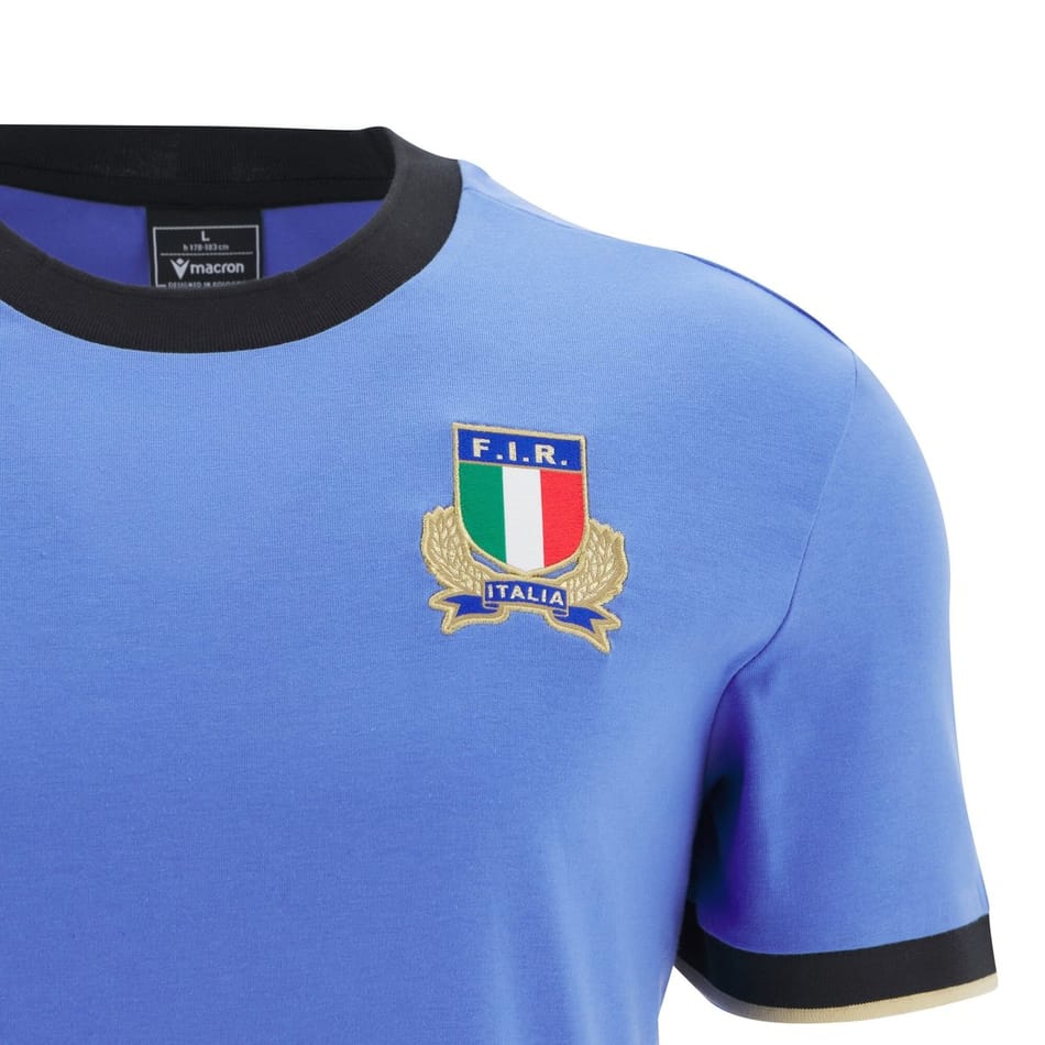 T-shirt rugby Italia Macron cotone color avio con stemma F.I.R. ricamato.
