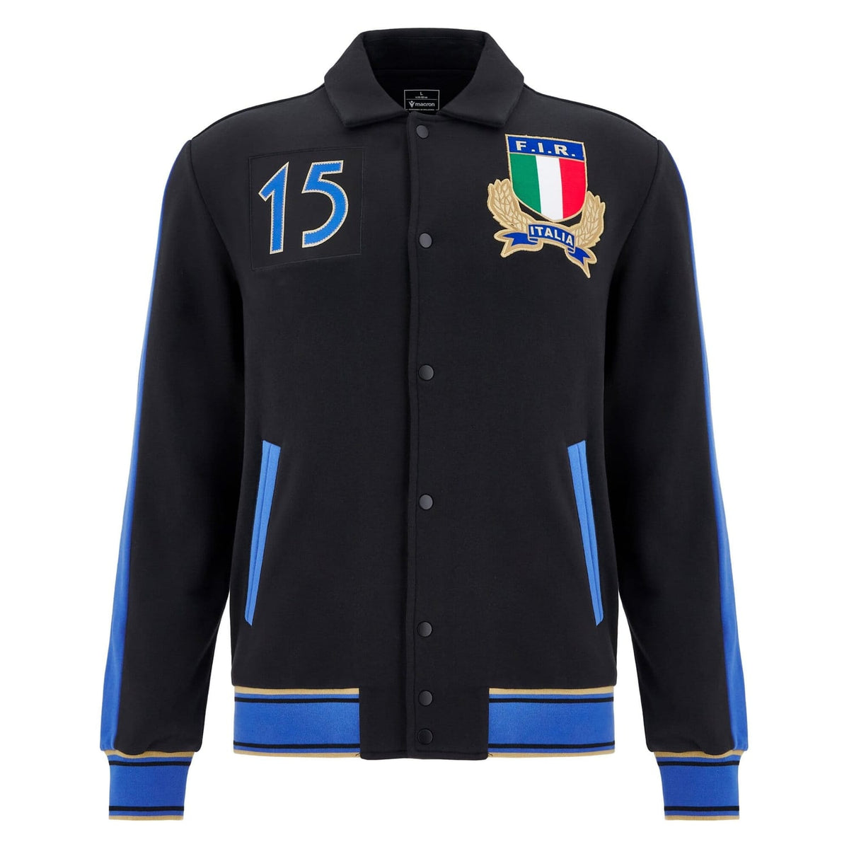 Felpa College nera Italia Rugby con stemma FIR e numero 15.