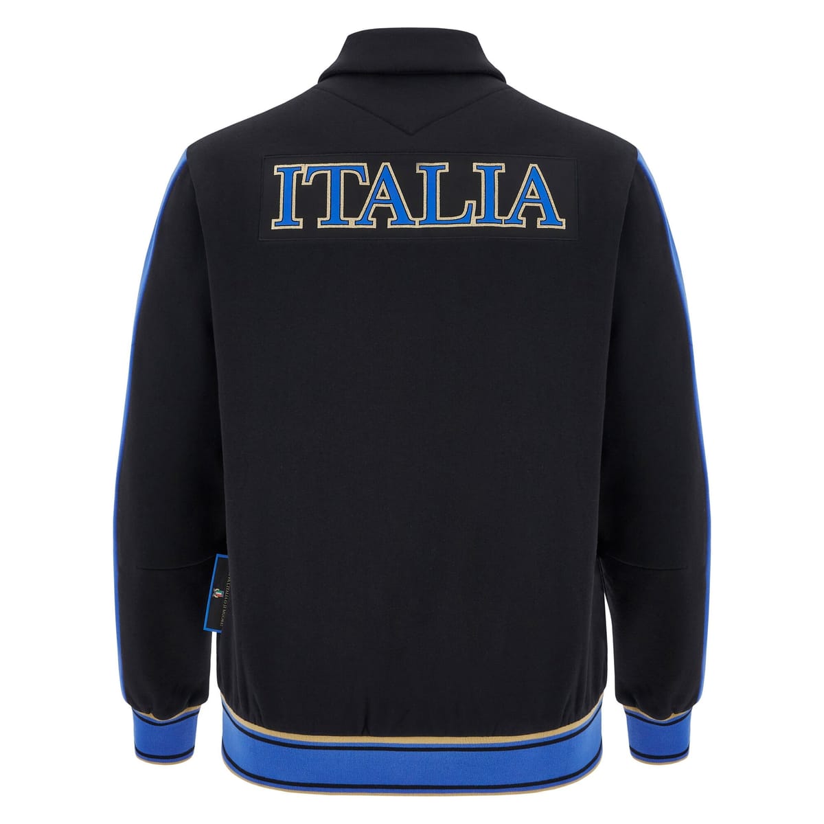 Felpa nera da uomo con zip lunga e scritta "ITALIA" sul retro, dettagli blu e oro.