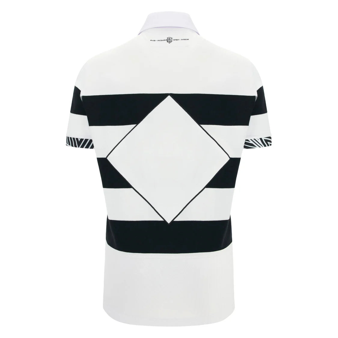 Maglia rugby Barbarians a maniche corte in cotone bianco e nero con rombo centrale.