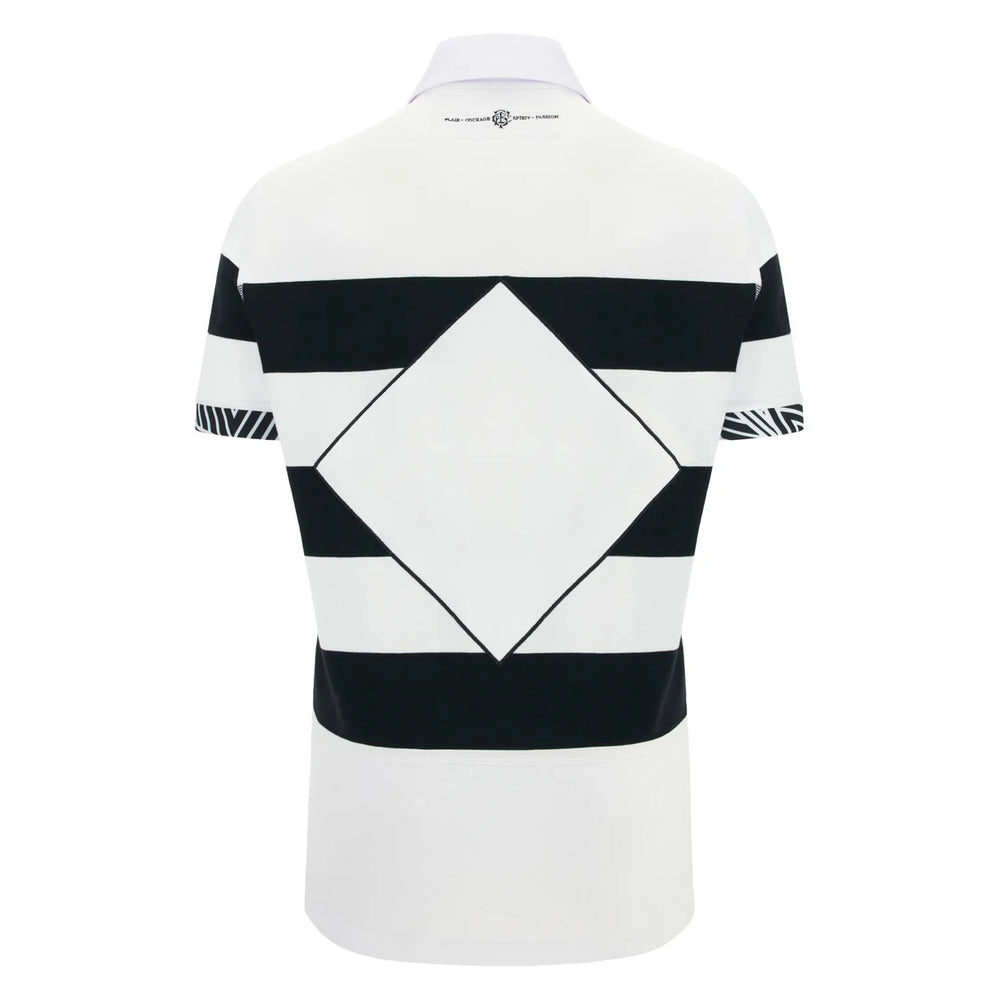 Maglia rugby Barbarians a maniche corte in cotone bianco e nero con rombo centrale.