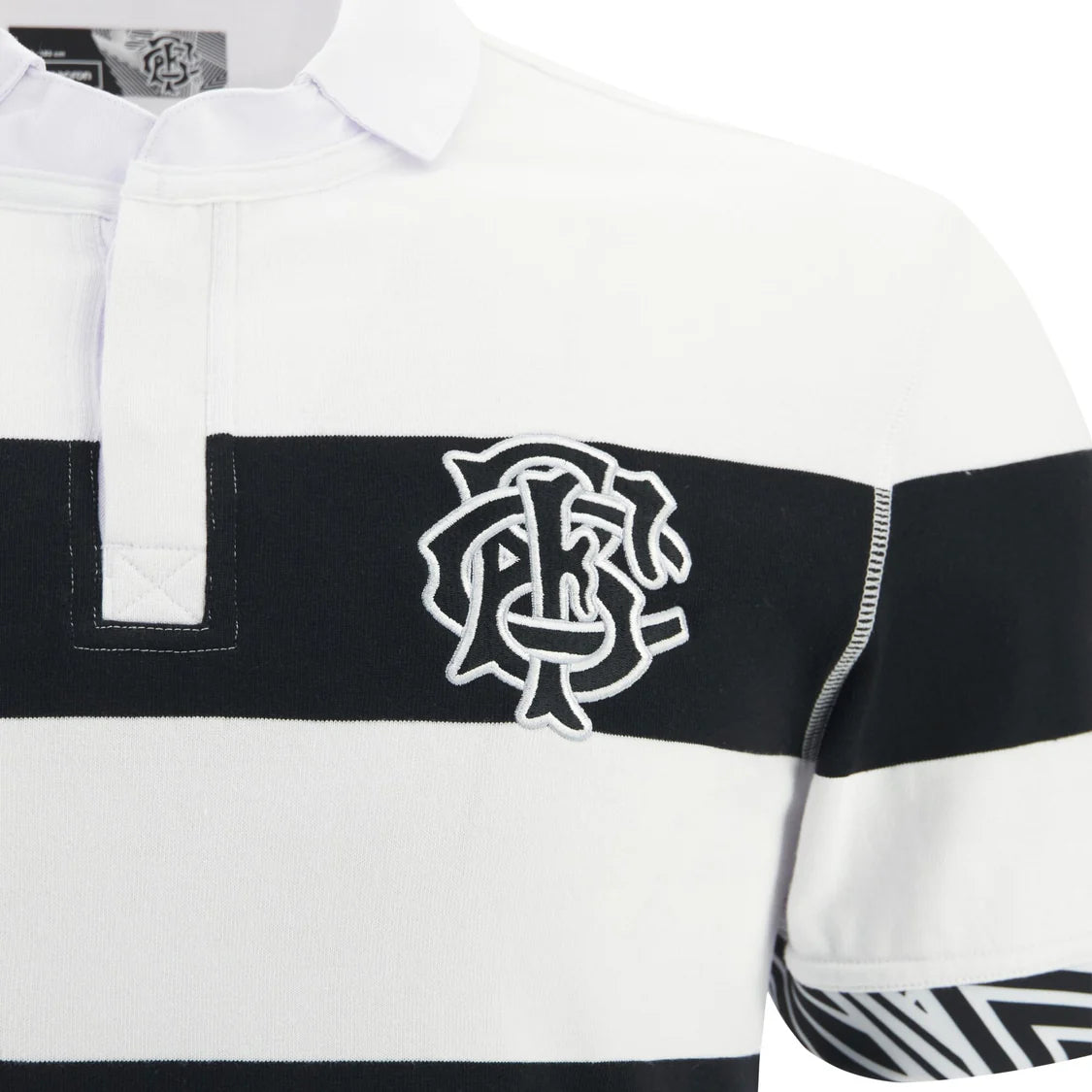 Maglia rugby uomo a maniche corte, cotone, a righe bianche e nere con logo ricamato.