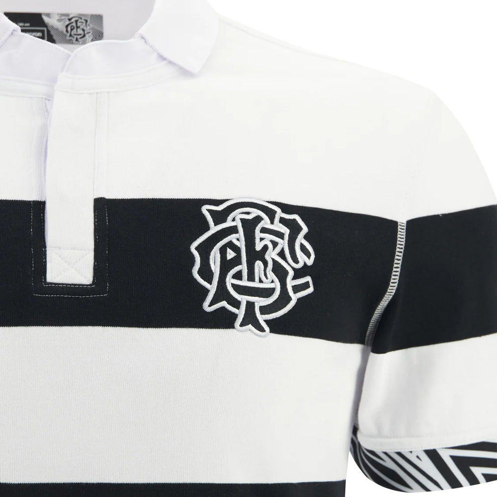 Maglia rugby uomo a maniche corte, cotone, a righe bianche e nere con logo ricamato.
