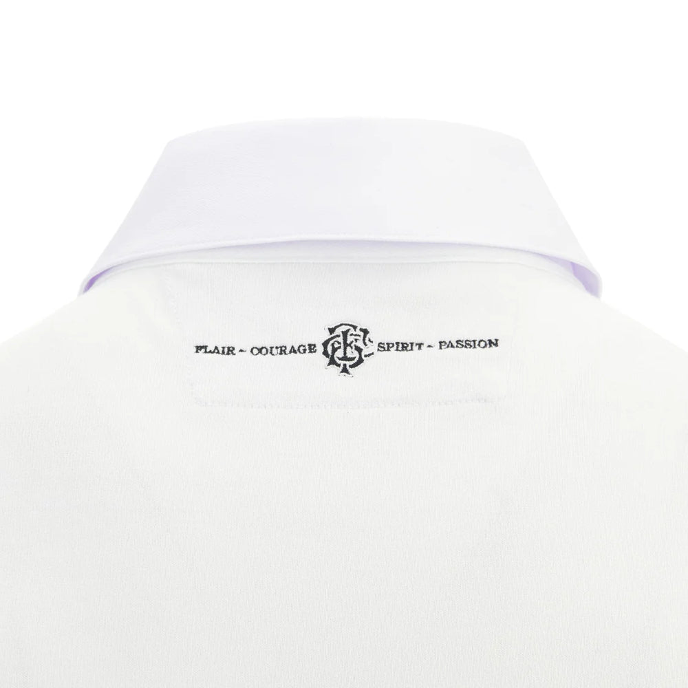 Maglia rugby Barbarians bianca, dettaglio colletto con logo e scritte Flair-Courage Spirit-Passion.