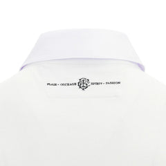 Maglia rugby Barbarians bianca, dettaglio colletto con logo e scritte Flair-Courage Spirit-Passion.