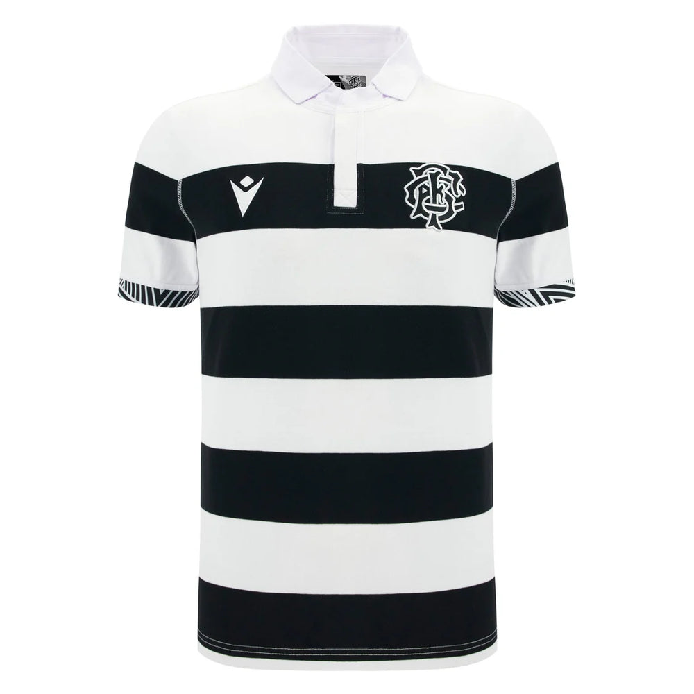 Maglia rugby Barbarians a righe bianche e nere, cotone, manica corta.