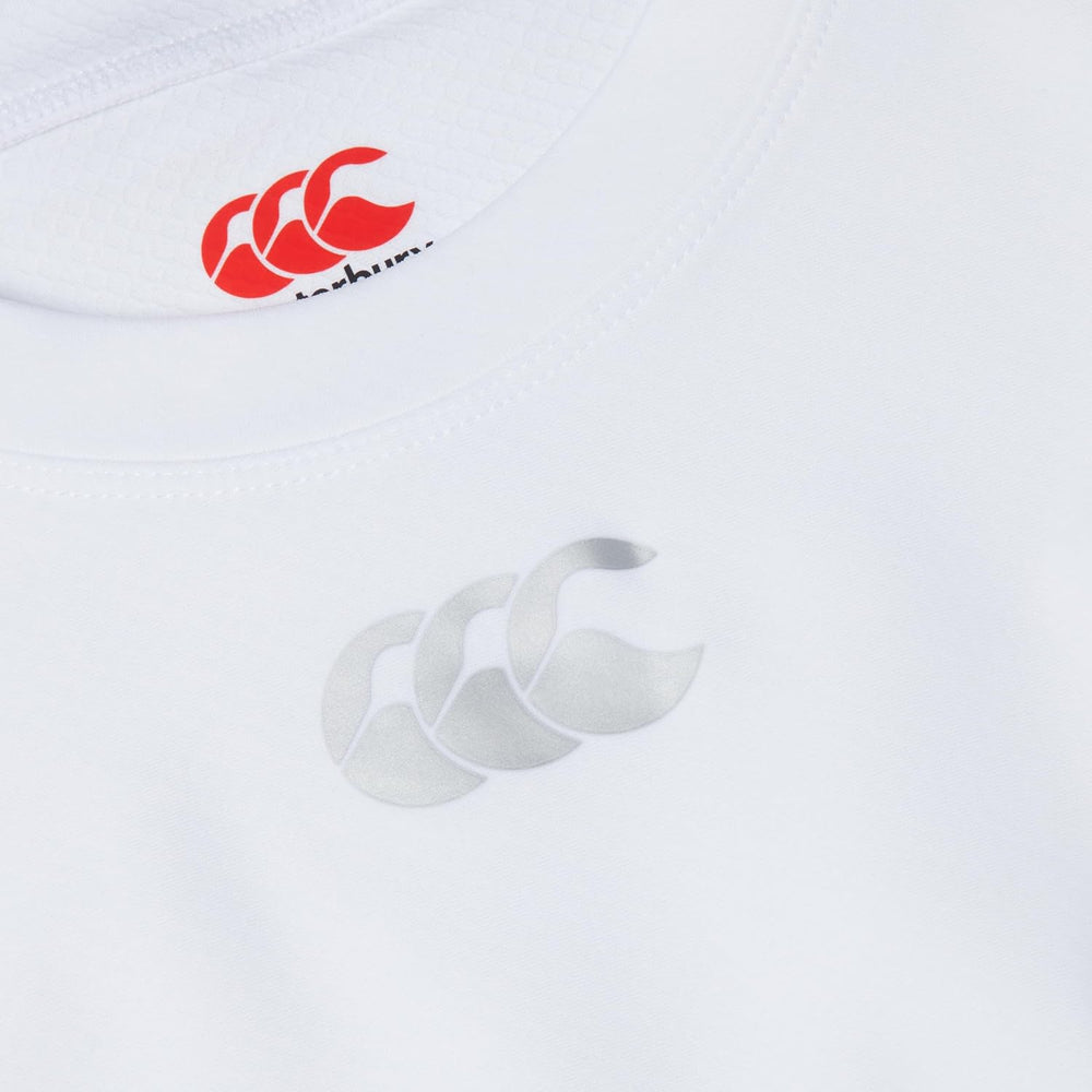 T-shirt termica Canterbury bianca, baselayer con logo grigio a contrasto.