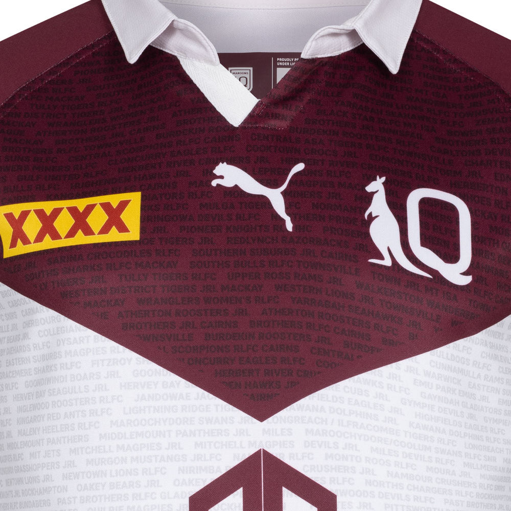 Maglia da rugby dei Queensland Maroons Captains: maglia della squadra NRL color bordeaux con stampa integrale delle squadre della lega di rugby del Queensland. Prodotto ufficiale.