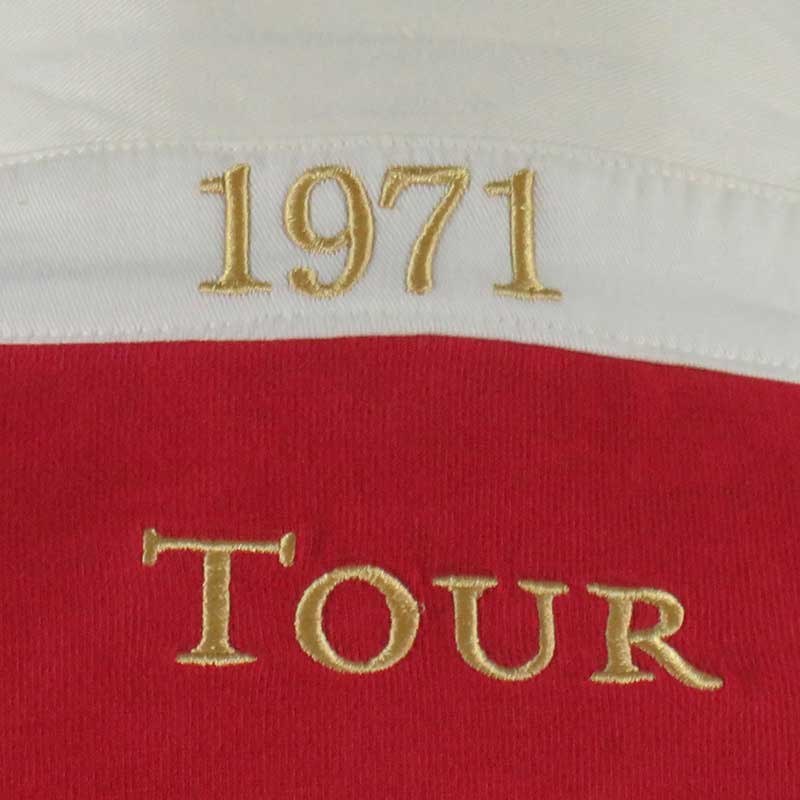Maglia da rugby vintage British Isles 1971 Tour, dettaglio ricamo anno e scritta.