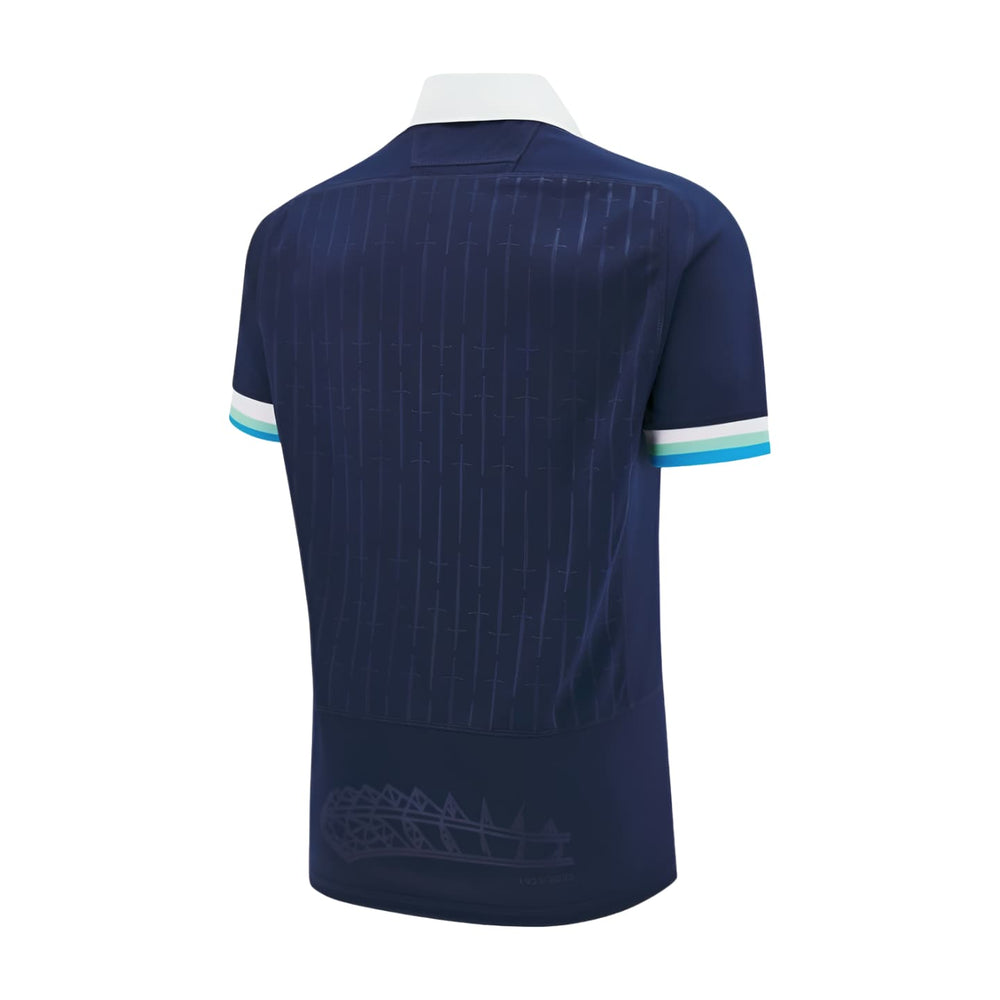 Maglia da rugby della Scozia 2025: maglia ufficiale blu navy da bambino. Presenta dettagli di design discreti.