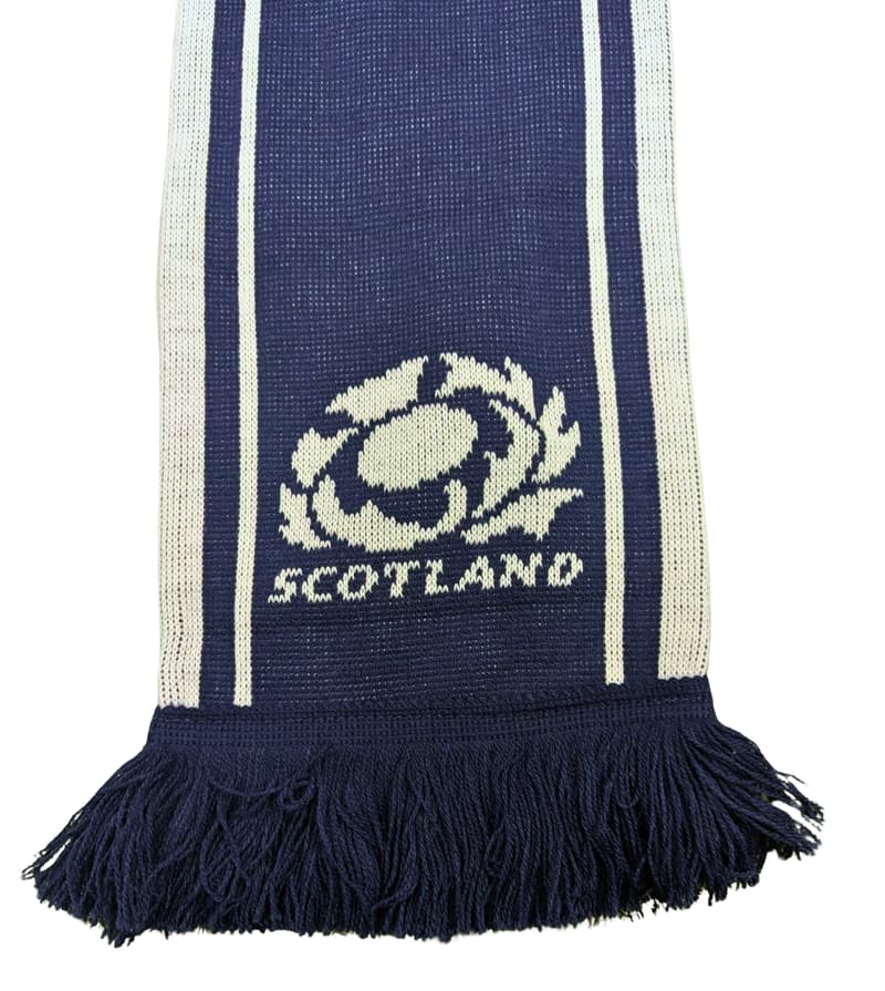 Sciarpa da rugby Scozia blu e bianca con logo CCC of NZ e frange.