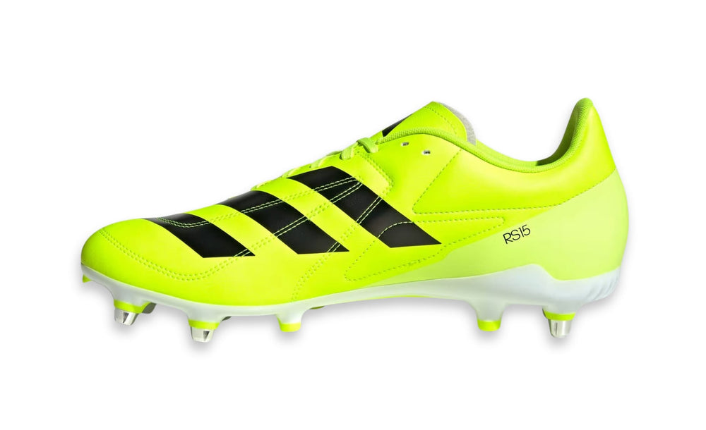 Scarpini da rugby Adidas RS15 SG Fluo, giallo fluo con bande nere, suola SG.