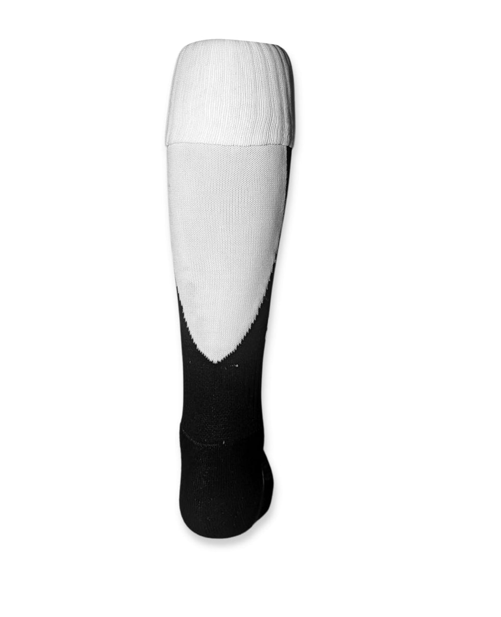 Calza da rugby professionale Tri Nation nero e bianco, con alta banda elastica.