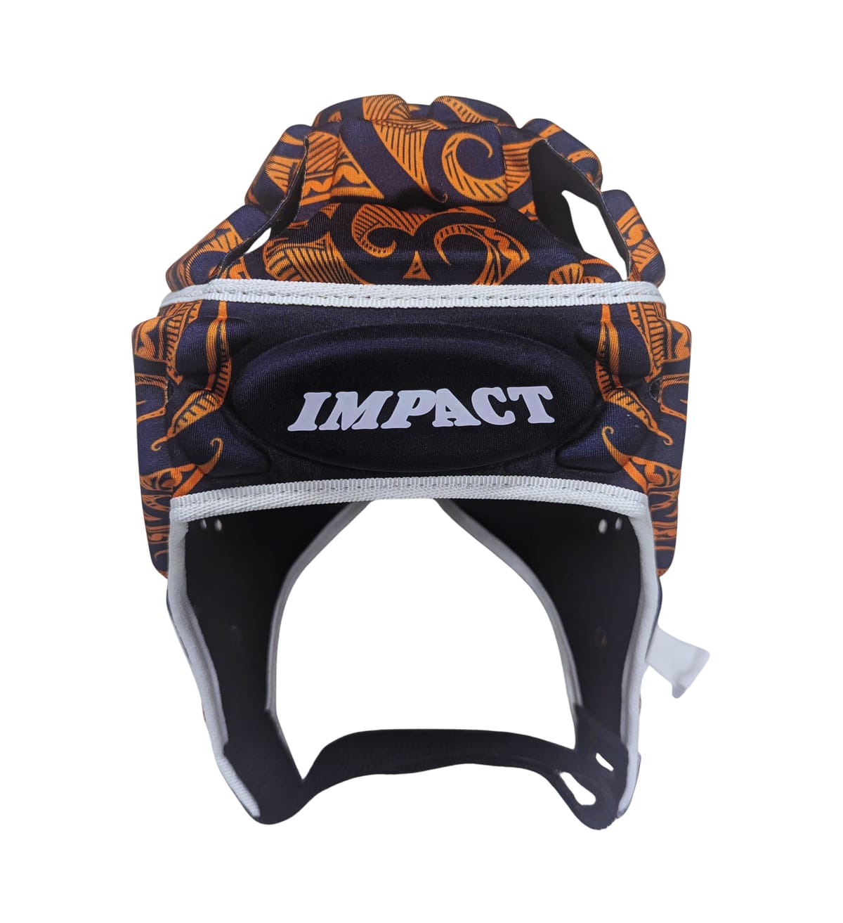 Caschetto da rugby Impact blu-arancio con design Maori, ideale per proteggere durante la mischia.