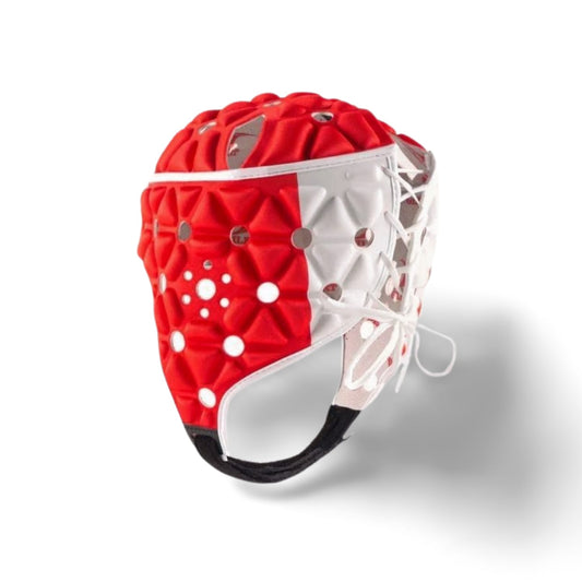 Caschetto da rugby Gilbert AIR rosso e bianco con lacci, ideale per placcaggi.