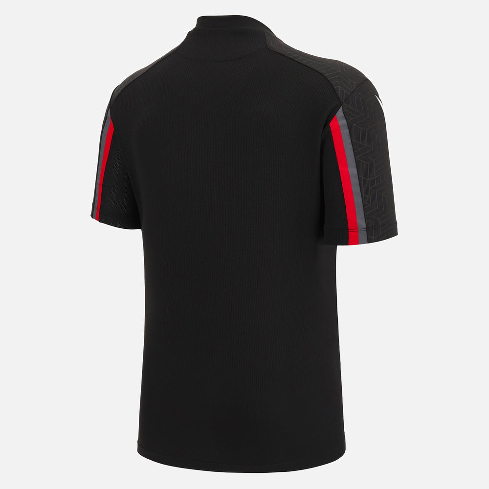 T-shirt Galles Training Staff Poliestere nero: Maglietta da allenamento in poliestere nero con dettagli rossi e grigi
