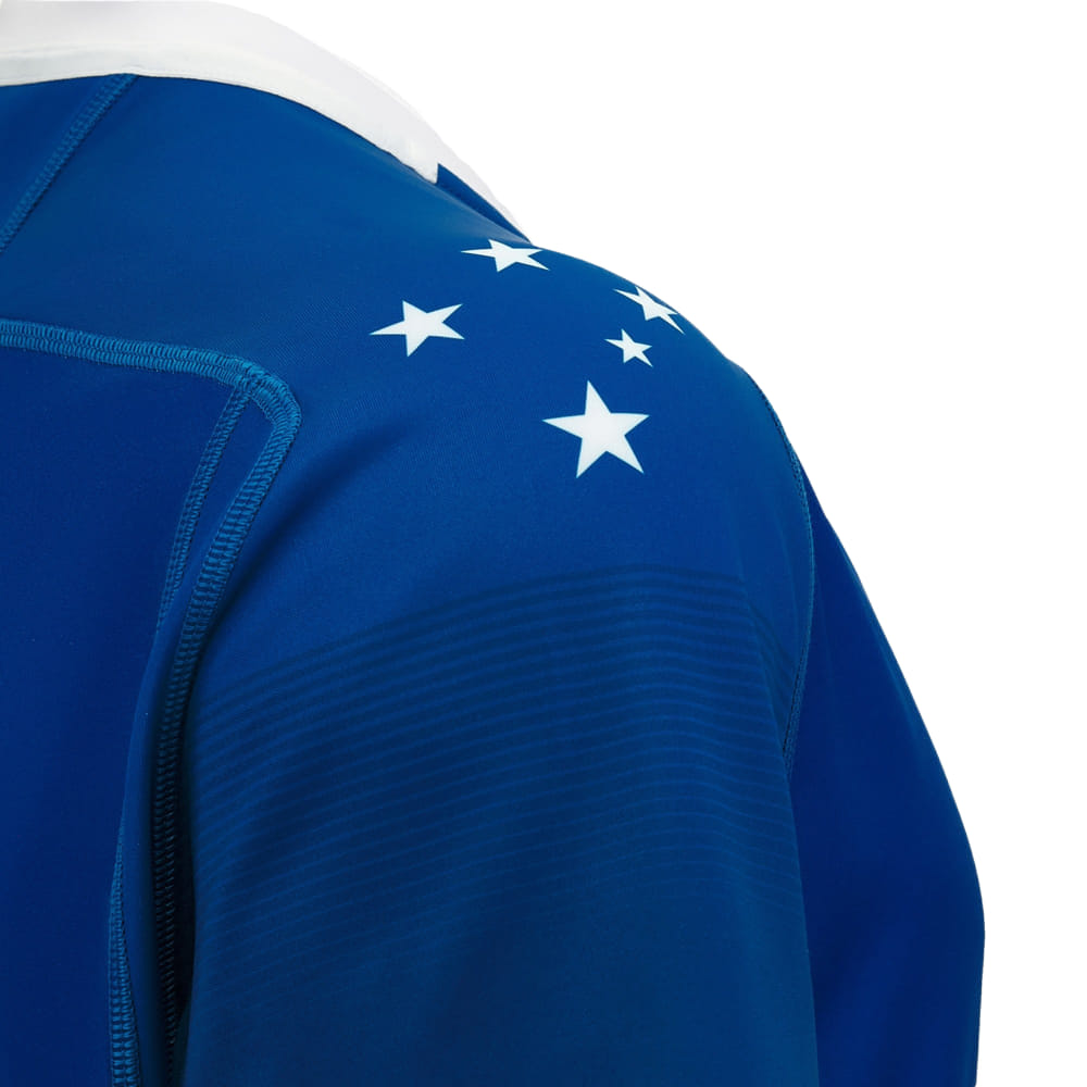 Maglia da rugby Manu Samoa Home 2023-24: maglia blu con stelle bianche sulla manica.