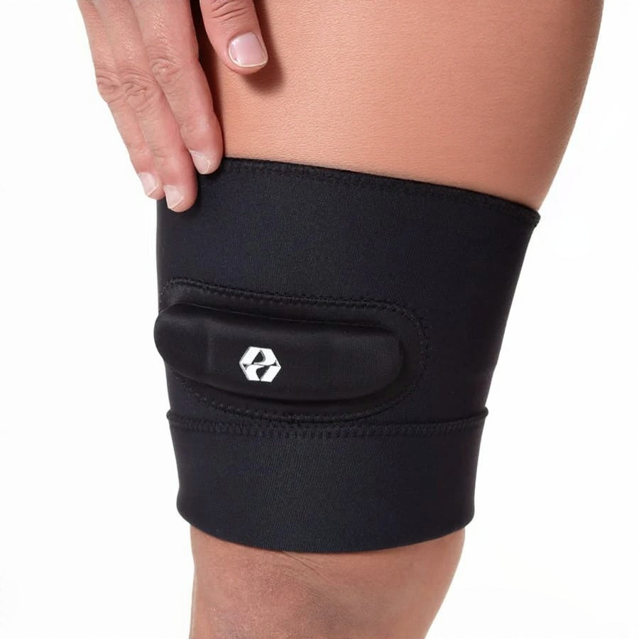 Protezione in neoprene per ginocchia da rugby, con logo bianco, nero, elastica e aderente.