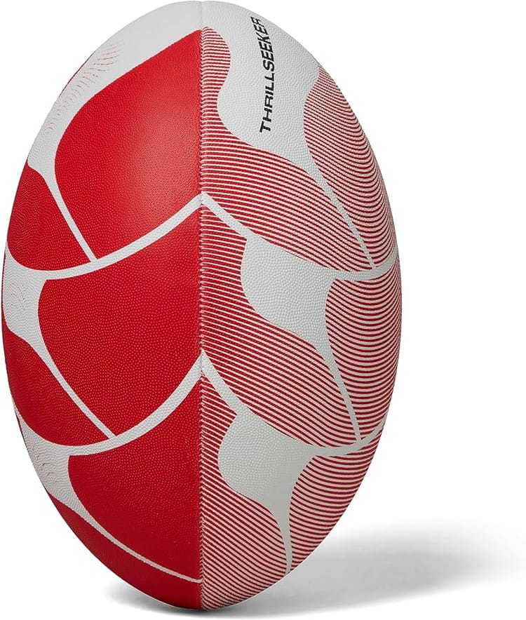 Pallone da rugby Canterbury Thrillseeker bianco e rosso, design a pannelli.