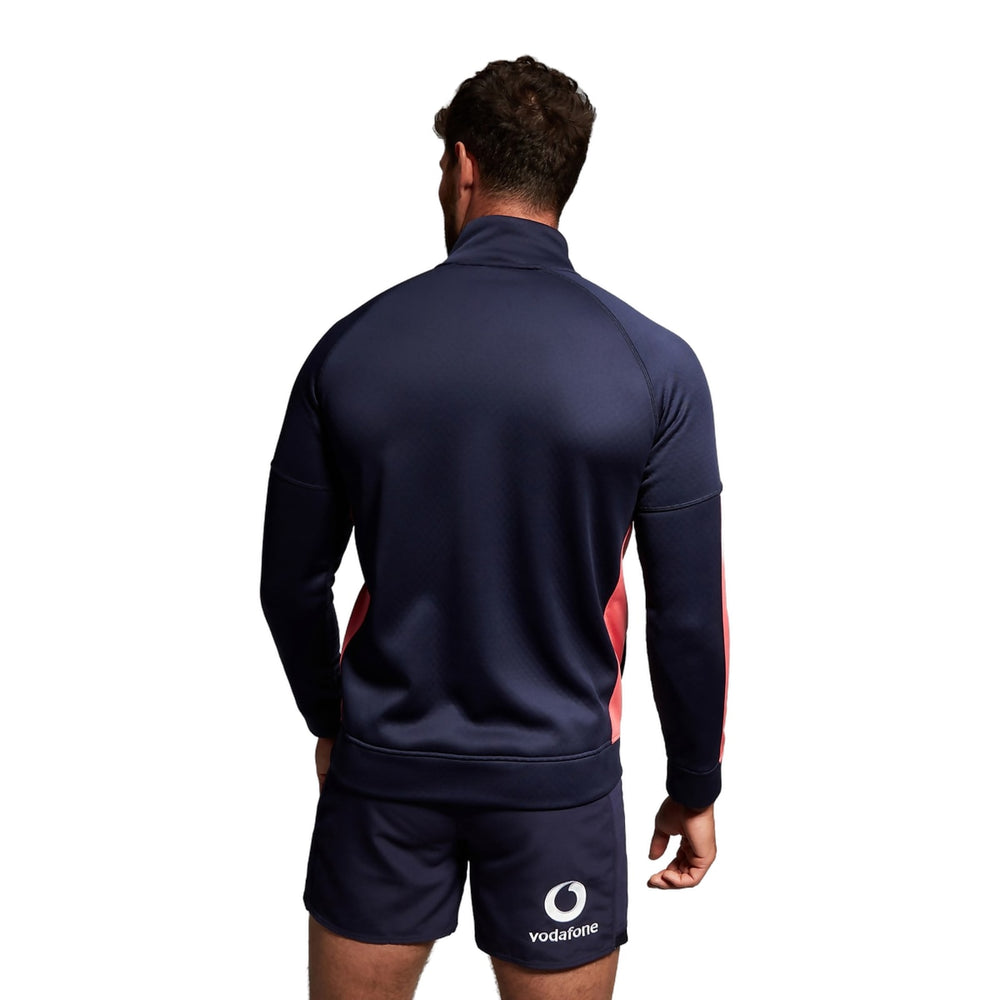 Felpa rugby Irlanda 2023-24 blu con dettagli rosa, vista posteriore.