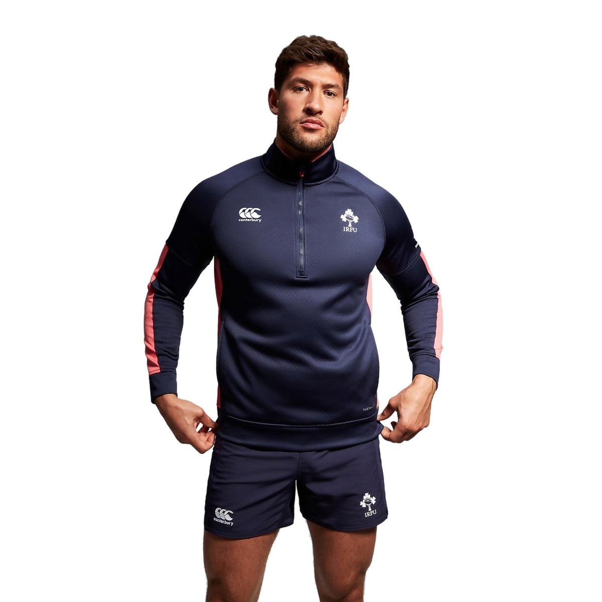 Felpa da rugby Irlanda 2023-24 da uomo, blu con dettagli rosa, mezza zip.
