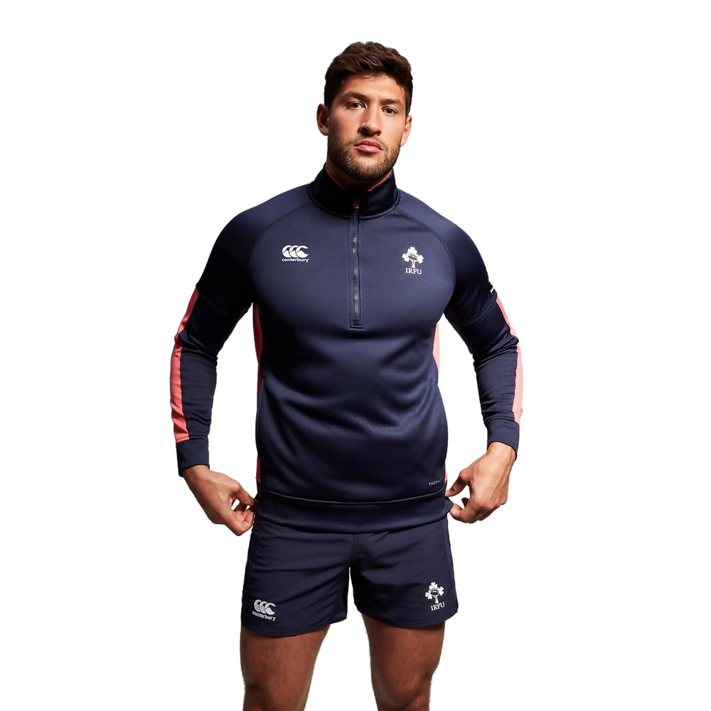 Felpa da rugby Irlanda 2023-24 da uomo, blu con dettagli rosa, mezza zip.
