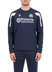 Top da allenamento Macron blu Italia Rugby FIR con logo e scritte.