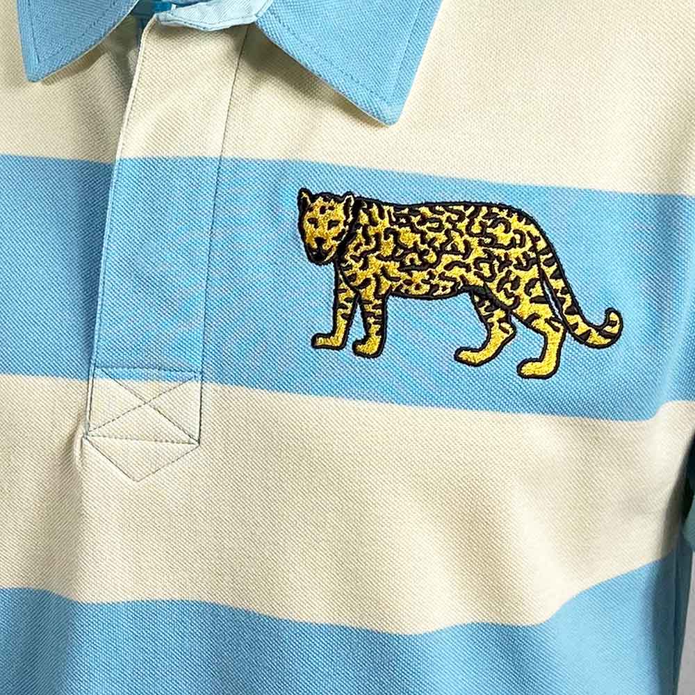 Polo rugby vintage Argentina 1985 a righe blu e avorio con ricamo giaguaro