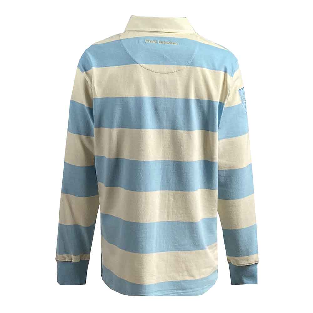 Maglia da rugby Argentina vintage a righe blu e panna, con colletto classico.