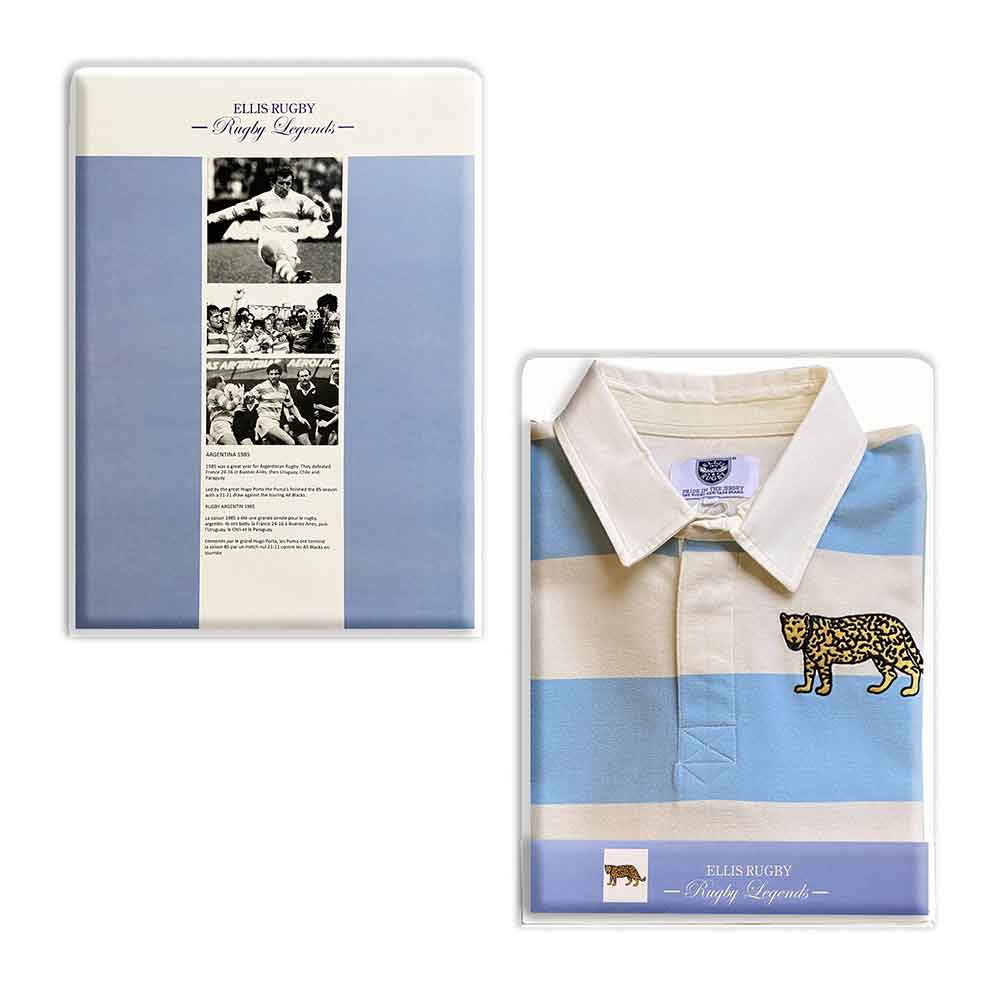 Maglia da rugby vintage Argentina a strisce bianche e azzurre con stemma felino.