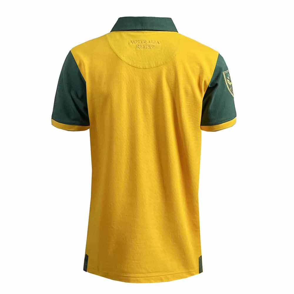 Polo da rugby degli Australia Wallabies: polo dorata in stile vintage con dettagli verdi. Presenta il logo dell'Australia Rugby.