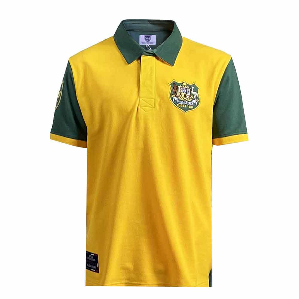 Polo da rugby vintage degli Australia Wallabies: gialla con dettagli verdi, design classico.
