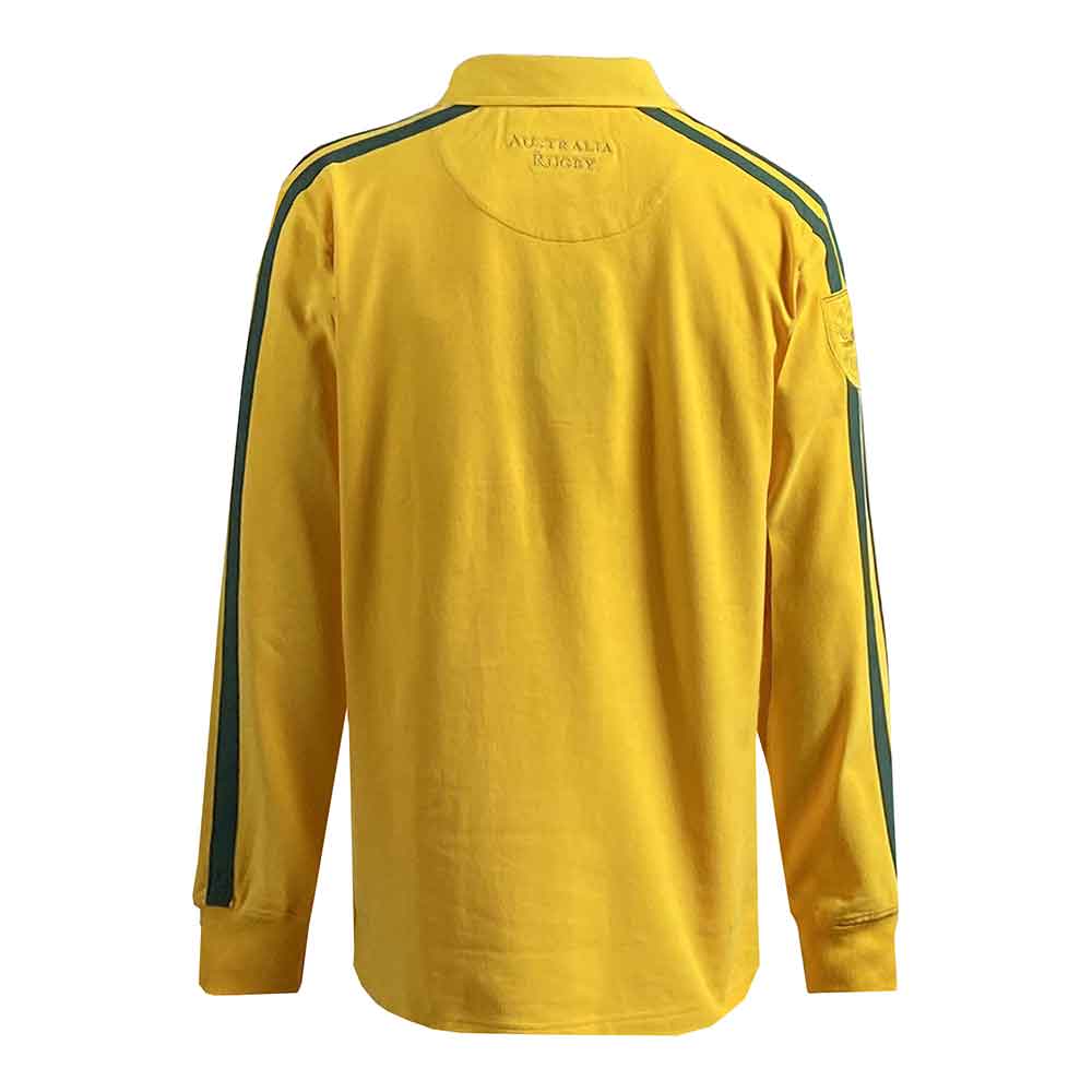 Maglia Rugby Australia Vintage: Maglia da rugby a maniche lunghe color oro con strisce verdi, logo Australia Rugby