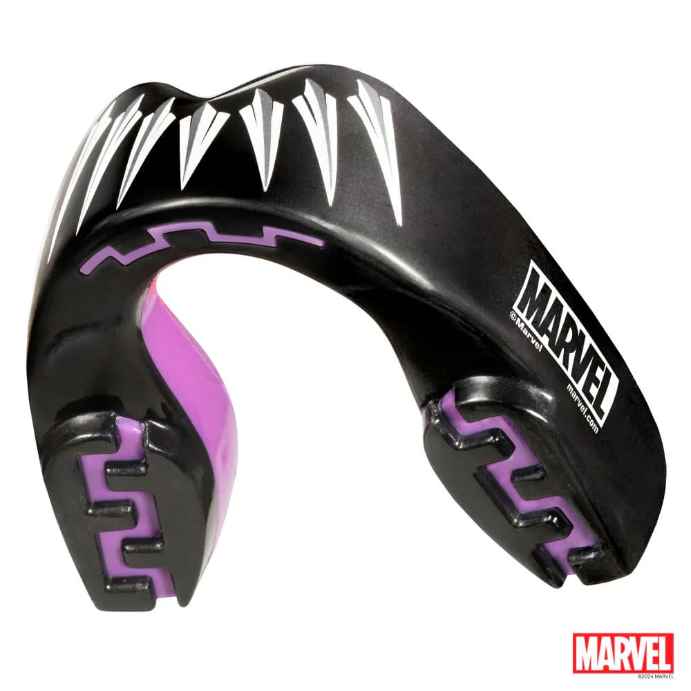 Paradenti Marvel Black Panther Safejawz nero e viola per proteggere i denti.