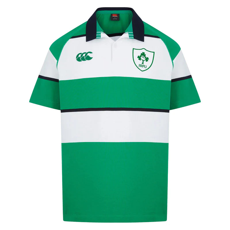 Maglia rugby Irlanda Heritage Canterbury a righe verdi e bianche con scudo IRFU.
