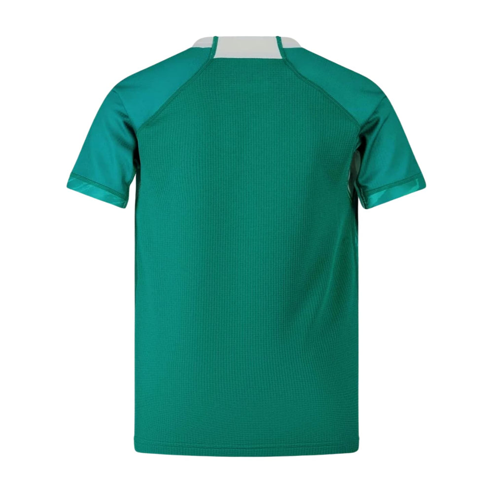 Maglia Rugby Irlanda 2025 Home Bambino: Teal green kids' Ireland rugby jersey, back view.