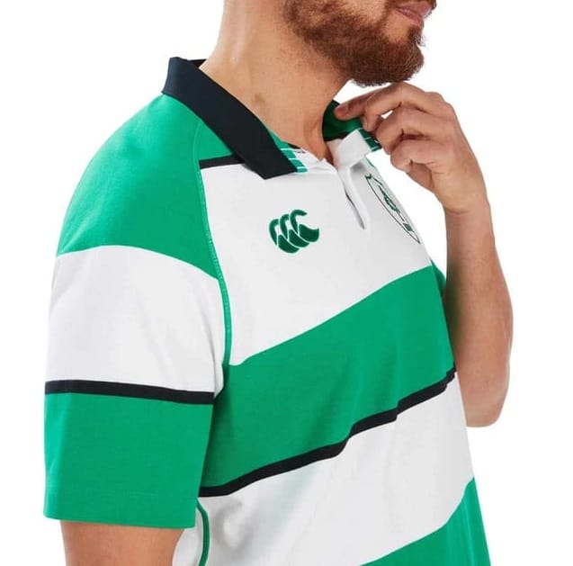 Maglia da rugby Canterbury Irlanda Heritage a righe verdi e bianche.