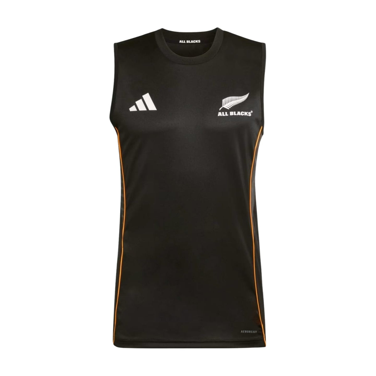 Canottiera da rugby All Blacks nera con logo Adidas e bordi arancioni.