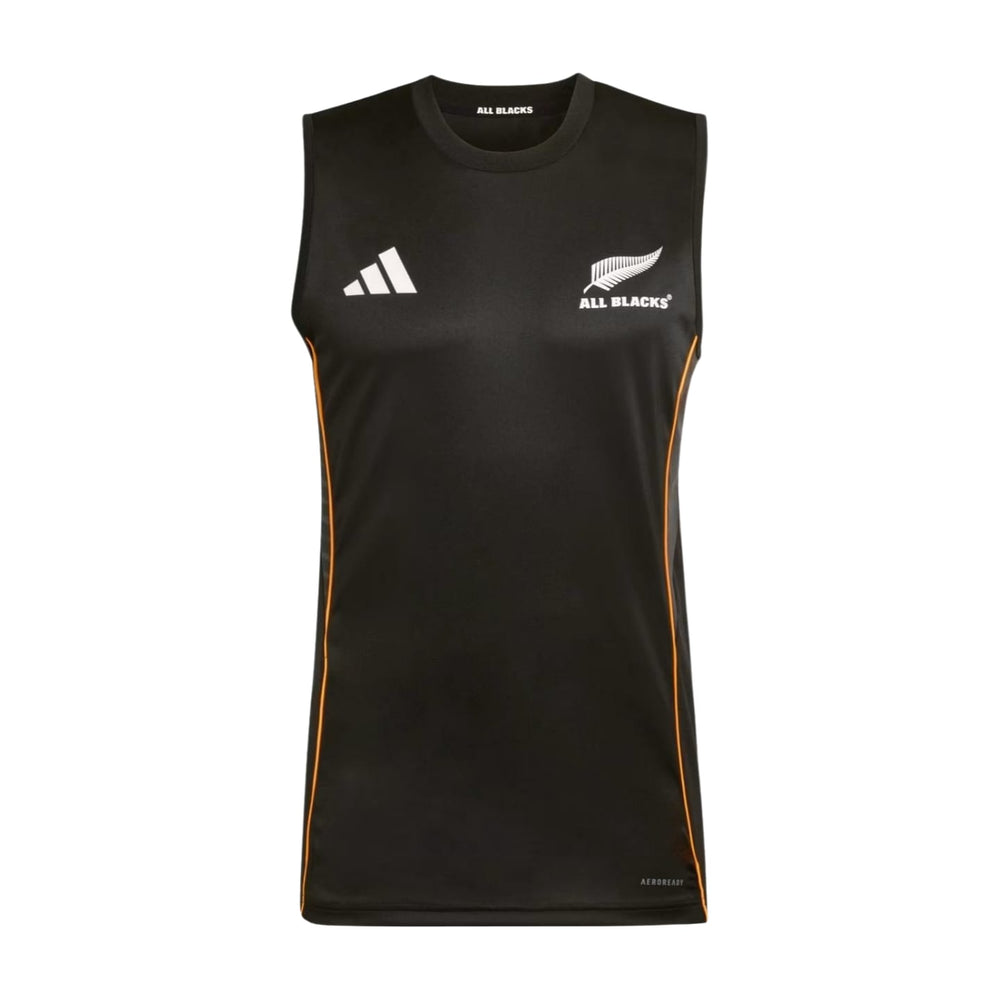 Canottiera da rugby All Blacks nera con logo Adidas e bordi arancioni.