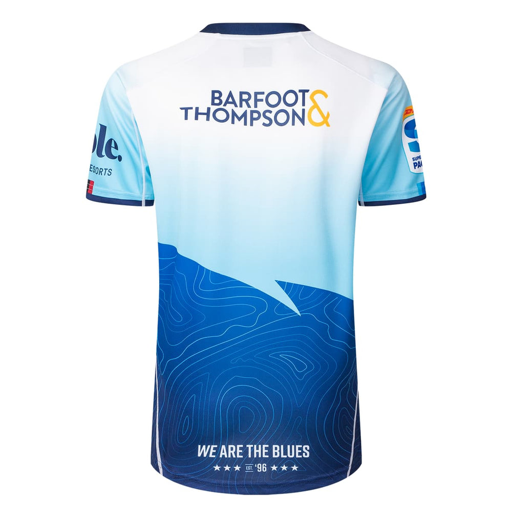 Maglia da rugby Blues Super Rugby Pacific Home TR1 2025 per ragazzi: blu chiaro con design blu scuro.