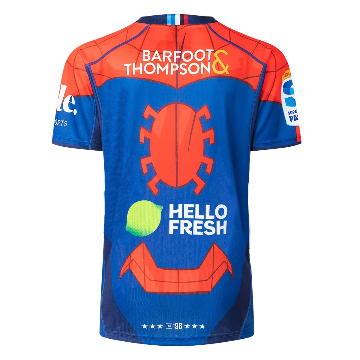Maglia da rugby Blues Marvel Spiderman, blu e rossa, con logo Hello Fresh.