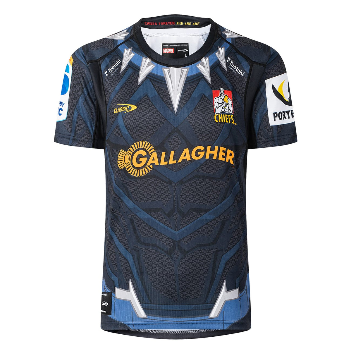 Maglia rugby Chiefs Marvel Black Panther, con logo e design ispirato al supereroe.