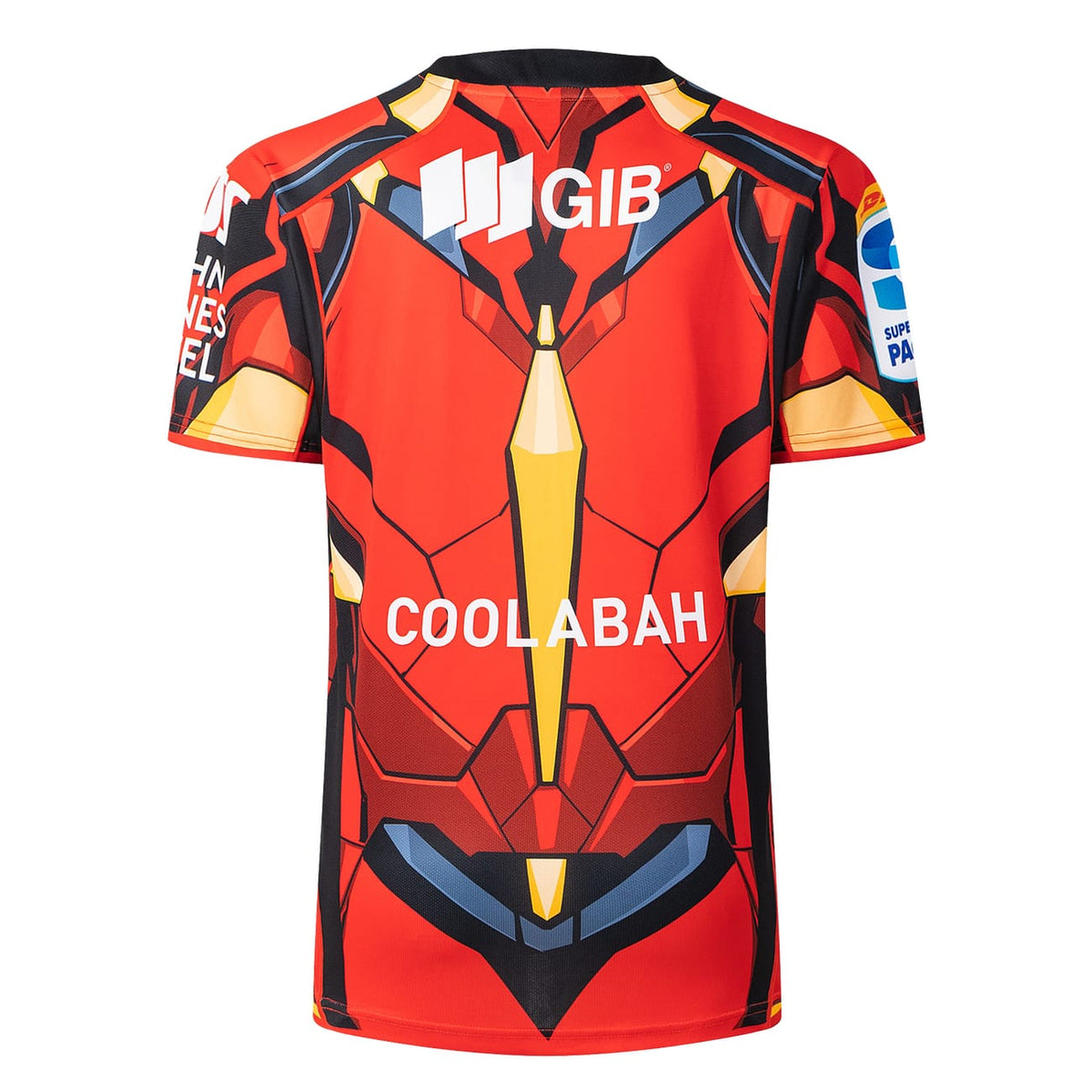 Maglia Rugby Crusaders Marvel Iron Man rossa, con logo GIB e scritta Coolabah.