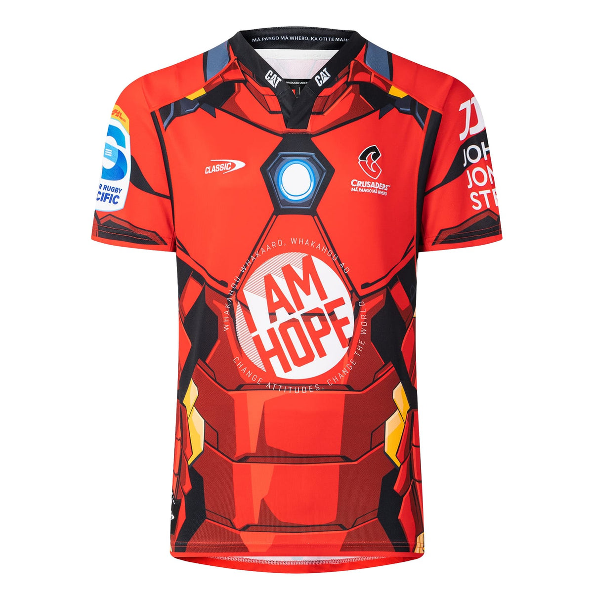 Maglia da rugby Crusaders Marvel Iron Man, rossa con dettagli iconici.