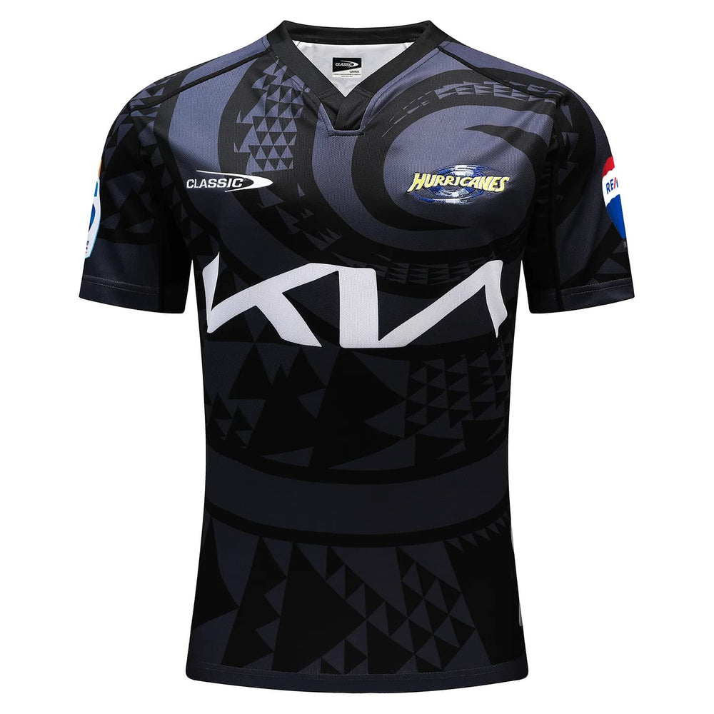 Maglia da rugby Hurricanes Super Rugby Pacific Away 2024-25 per ragazzi: design nero e grigio, con logo della squadra.