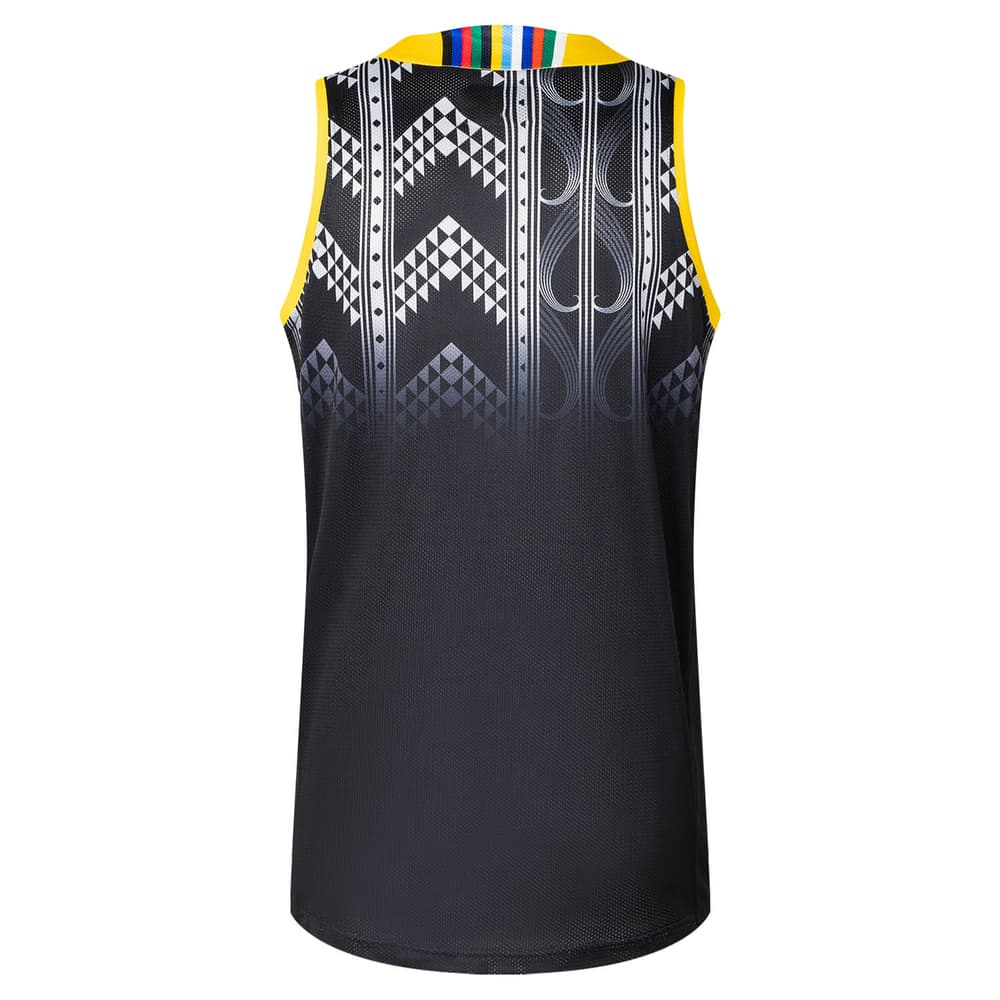 Canottiera Hurricanes Super Rugby 2025 Classic nera con dettagli grafici geometrici e stile tribale.