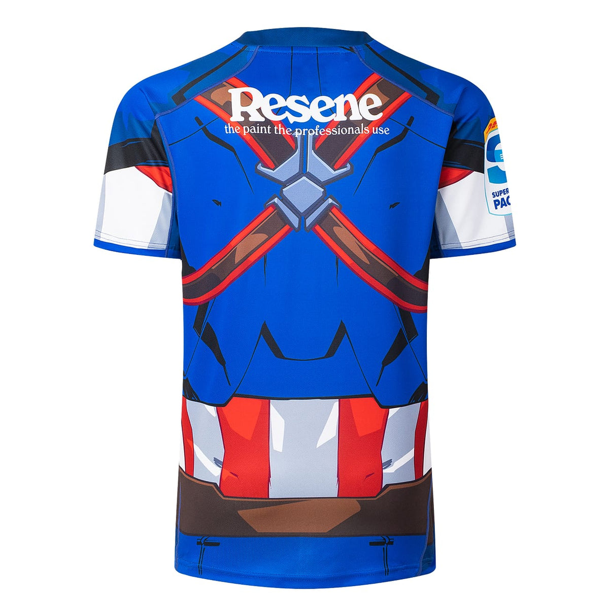 Maglia Rugby Hurricanes Marvel Capitan America Bambino: Maglia da rugby blu da bambino di Capitan America, vista posteriore. Presenta i loghi Resene e Super Rugby.