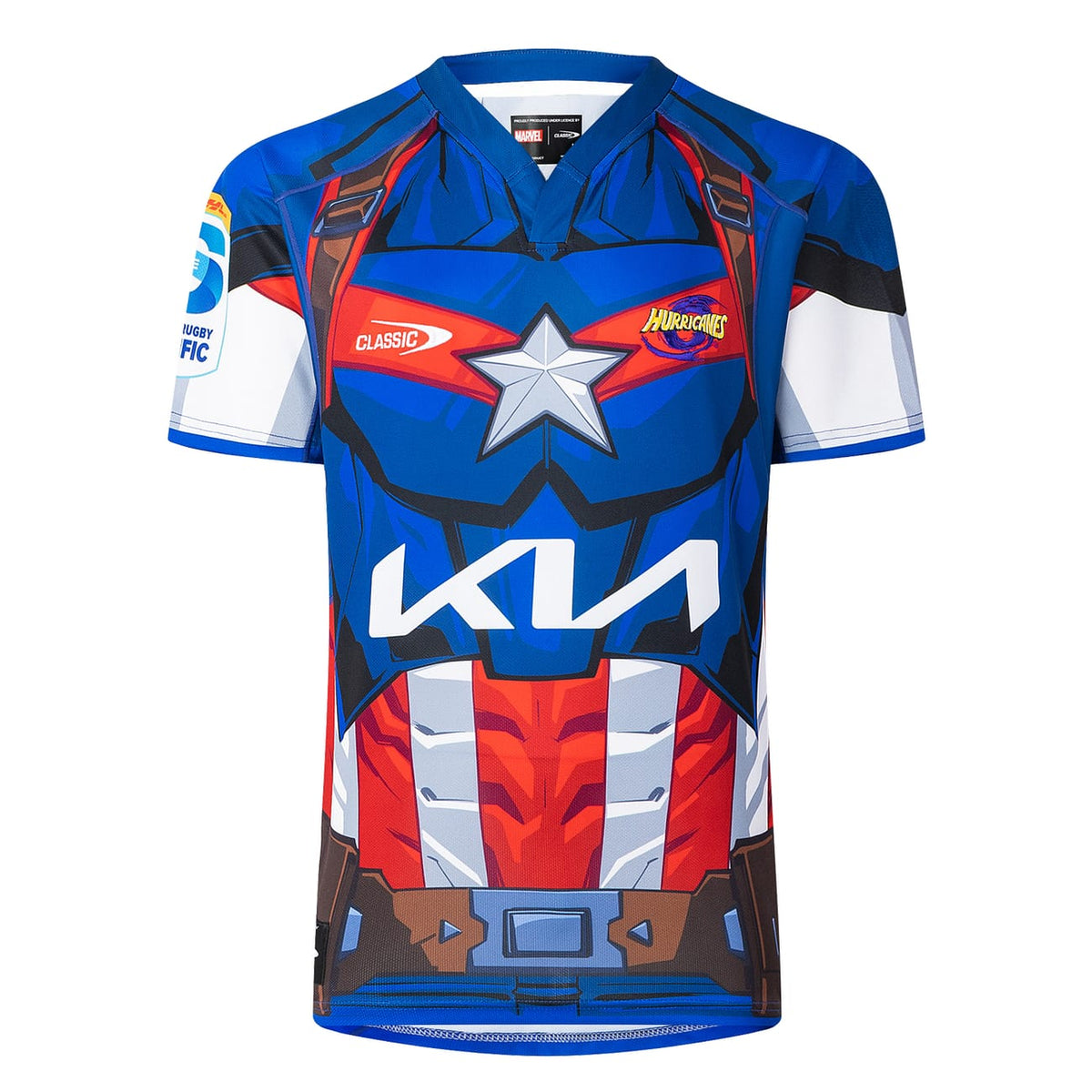 Maglia da rugby Hurricanes Marvel Capitan America blu, rossa e bianca con logo Kia.